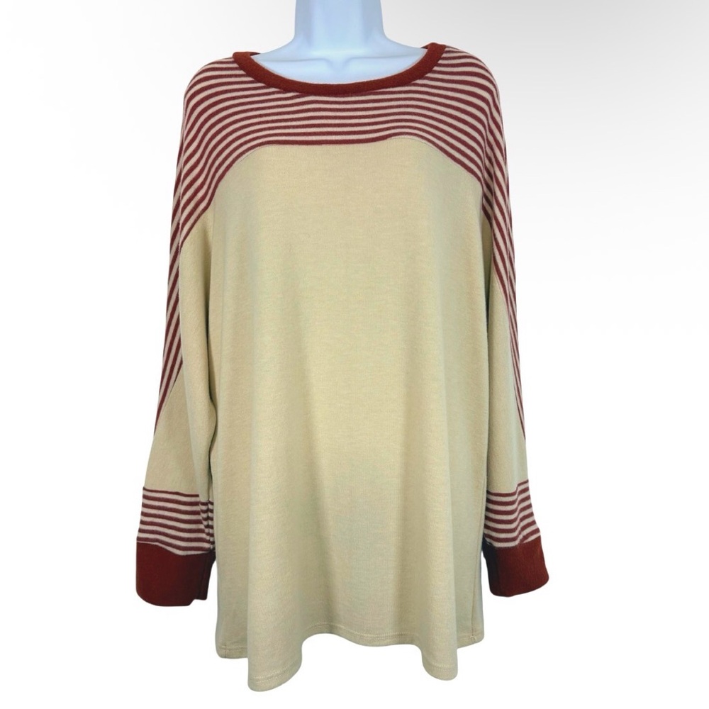 Sew In Love Cream and Red Striped Long Sleeve Sweater Tee Cozy Comfy Everyday